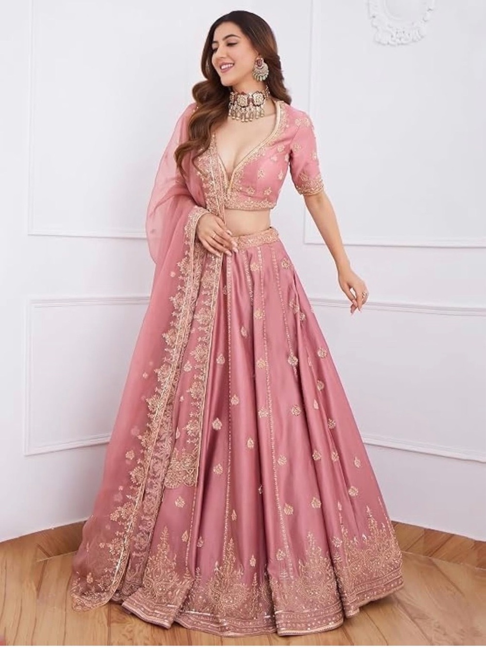 Ethnic Indian Wear Pink Lehenga Set with Gold Embroidery